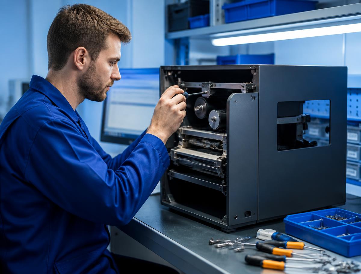 Técnico especializado realizando manutenção de codificadora em laboratório